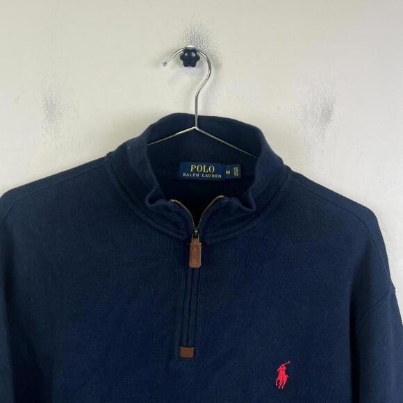 Polo Ralph Lauren 1/4 Zip Pullover Sweatshirt Navy Blue M Cotton Red Pony - Picture 5 of 5